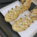 Chanel Camellia Pearl Chunky Heel Sandals Gold In Cowhide Leather 717699