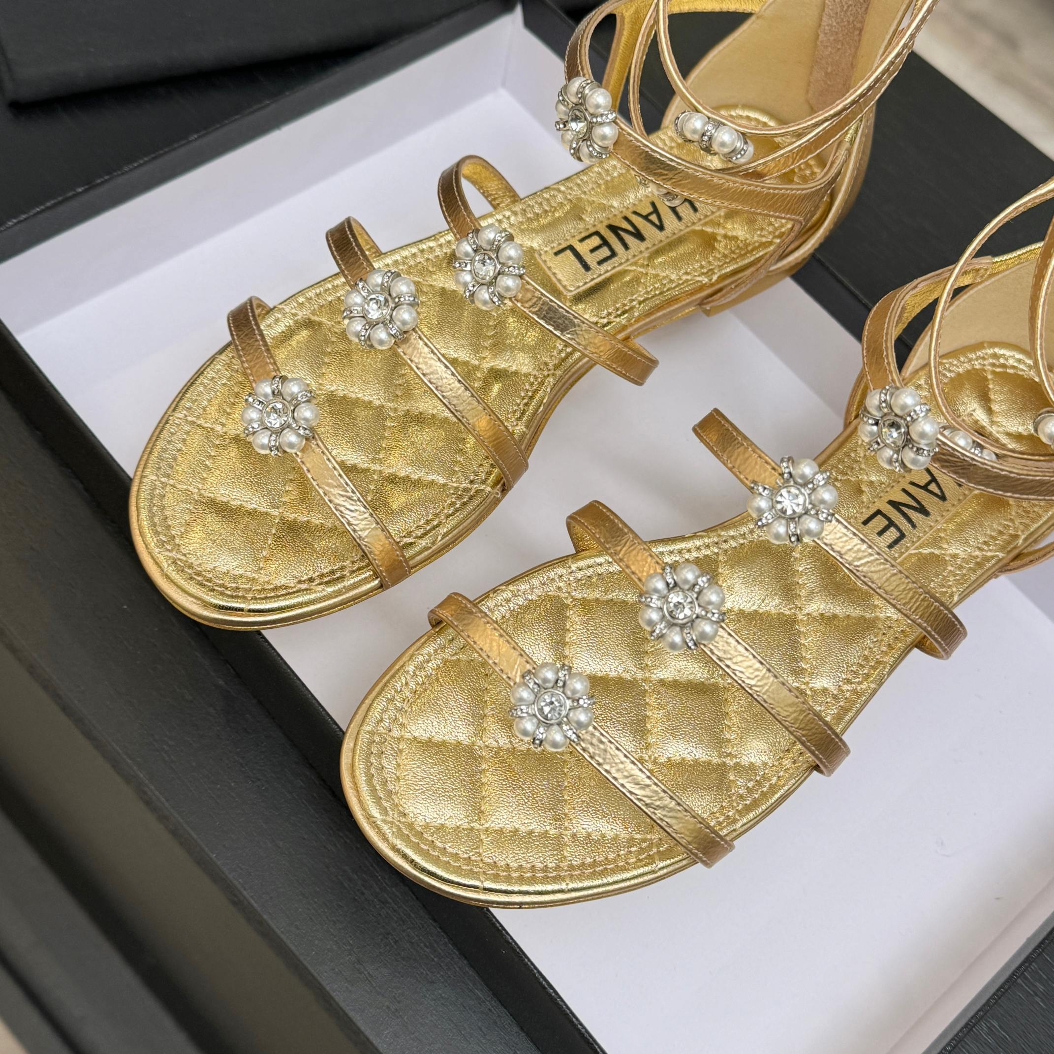 Chanel Camellia Pearl Chunky Heel Sandals Gold In Cowhide Leather 717699