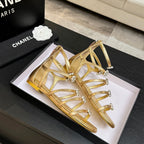 Chanel Camellia Pearl Chunky Heel Sandals Gold In Cowhide Leather 717699