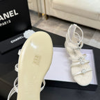 Chanel Camellia Pearl Chunky Heel Sandals White In Cowhide Leather 717698