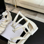 Chanel Camellia Pearl Chunky Heel Sandals White In Cowhide Leather 717698
