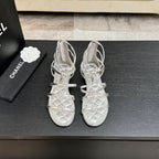 Chanel Camellia Pearl Chunky Heel Sandals Silver In Cowhide Leather 717697