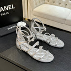 Chanel Camellia Pearl Chunky Heel Sandals Silver In Cowhide Leather 717697