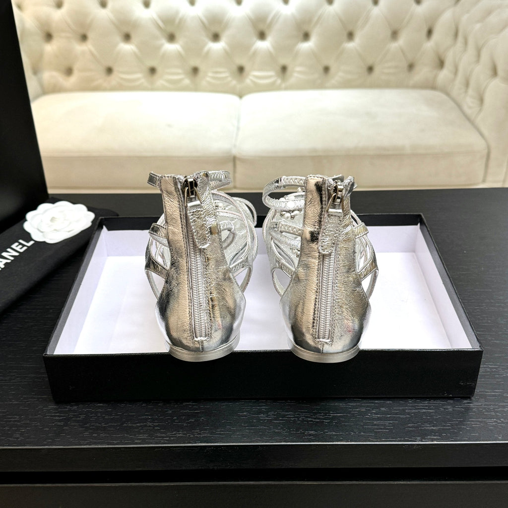 Chanel Camellia Pearl Chunky Heel Sandals Silver In Cowhide Leather 717697