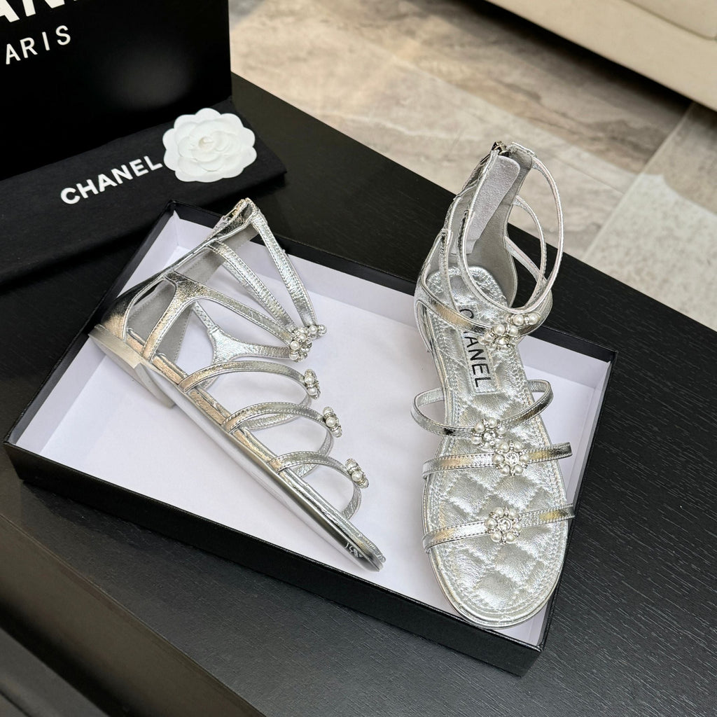 Chanel Camellia Pearl Chunky Heel Sandals Silver In Cowhide Leather 717697