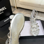 Chanel Camellia Pearl Chunky Heel Sandals Silver In Cowhide Leather 717697