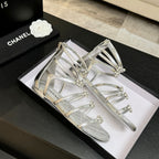 Chanel Camellia Pearl Chunky Heel Sandals Silver In Cowhide Leather 717697