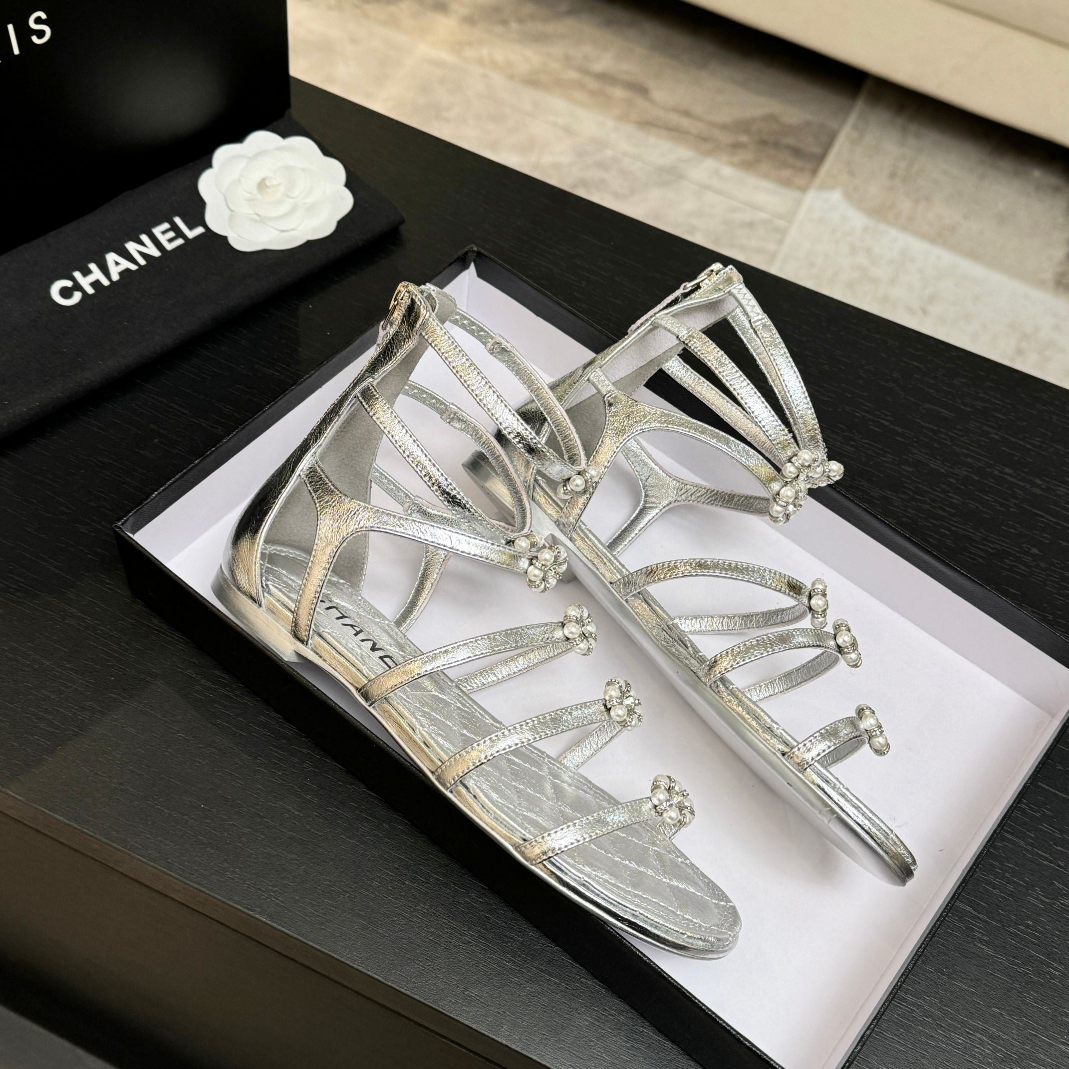 Chanel Camellia Pearl Chunky Heel Sandals Silver In Cowhide Leather 717697