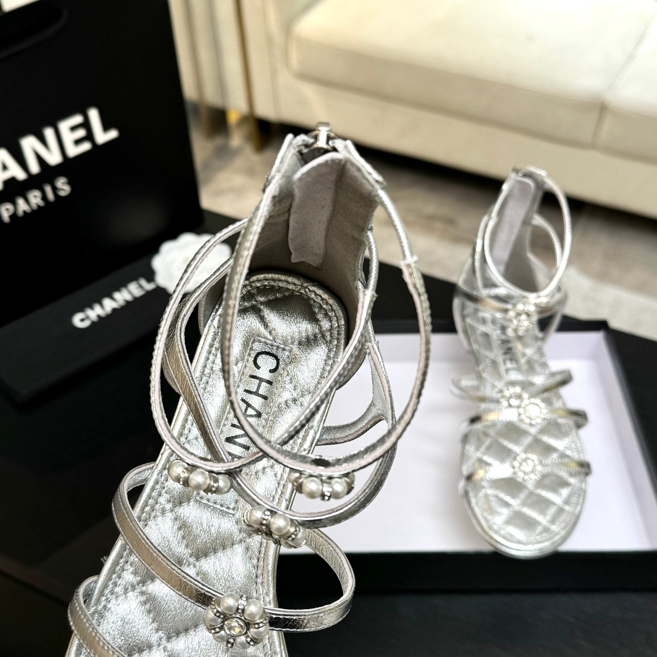 Chanel Camellia Pearl Chunky Heel Sandals Silver In Cowhide Leather 717697