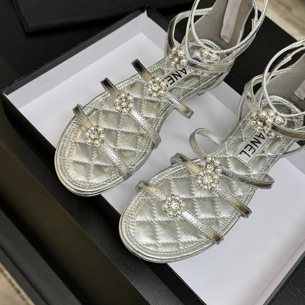 Chanel Camellia Pearl Chunky Heel Sandals Silver In Cowhide Leather 717697