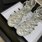Chanel Camellia Pearl Chunky Heel Sandals Silver In Cowhide Leather 717697