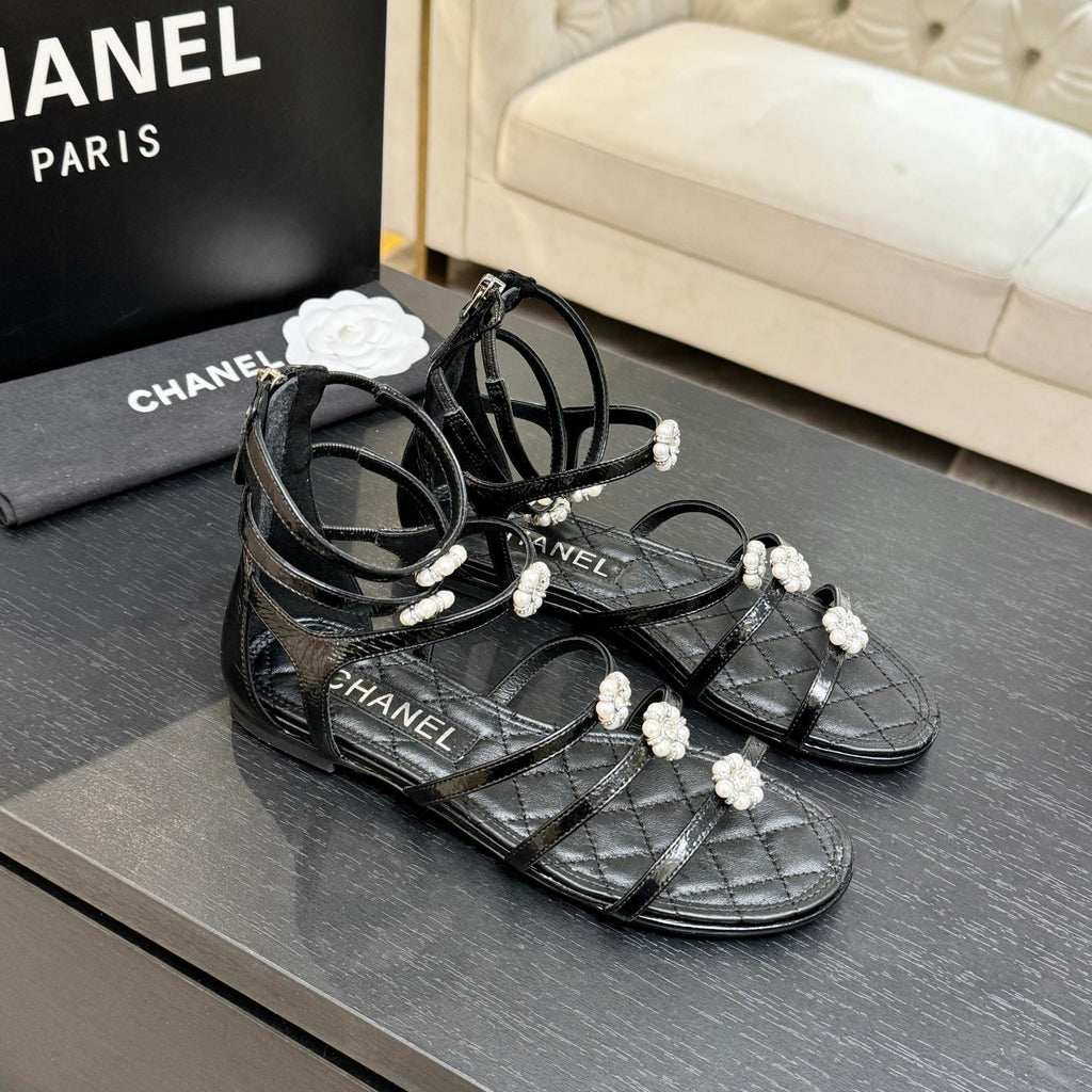 Chanel Camellia Pearl Chunky Heel Sandals Black In Cowhide Leather 717696