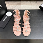 Chanel Camellia Pearl Chunky Heel Sandals Pink In Cowhide Leather 717695