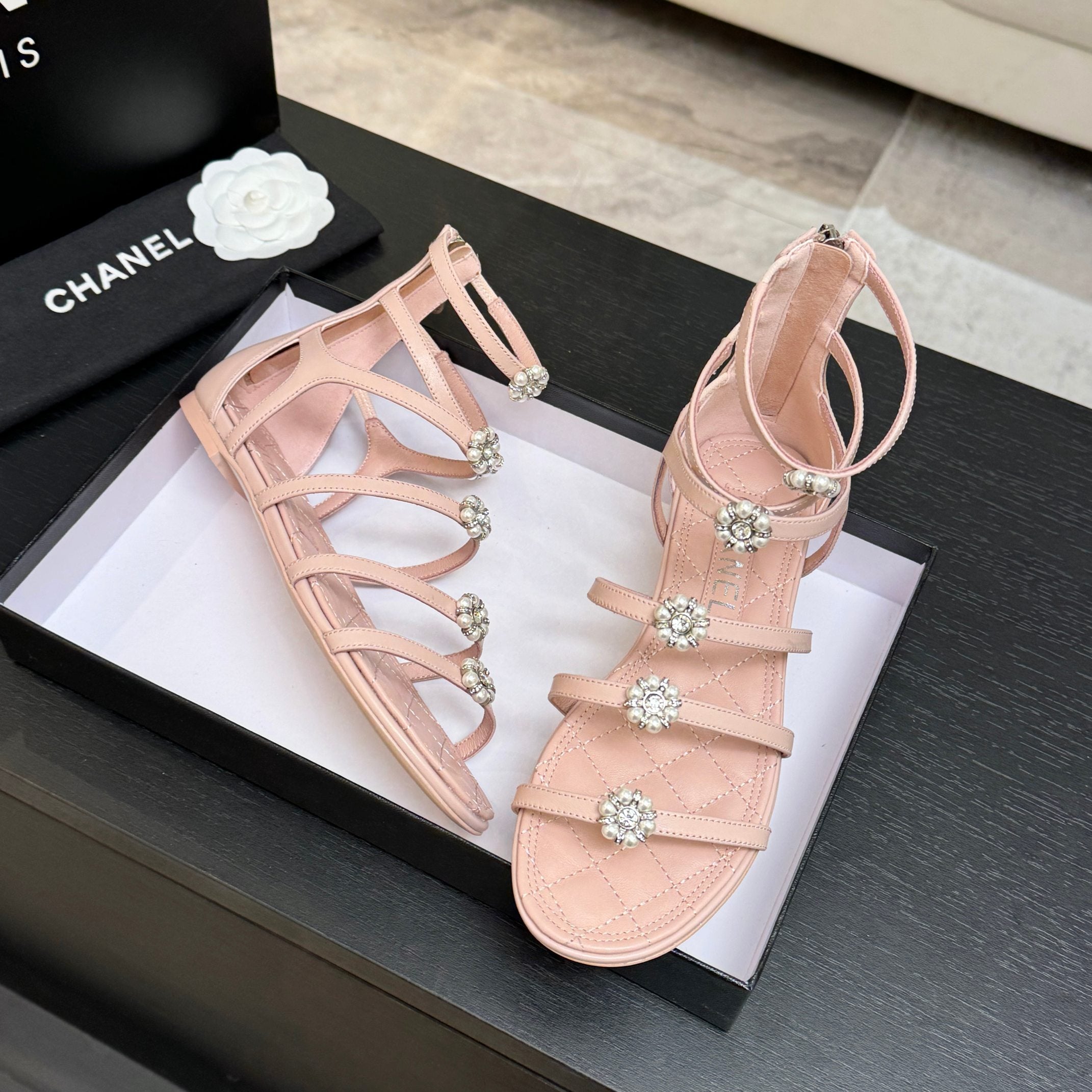 Chanel Camellia Pearl Chunky Heel Sandals Pink In Cowhide Leather 717695