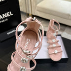 Chanel Camellia Pearl Chunky Heel Sandals Pink In Cowhide Leather 717695