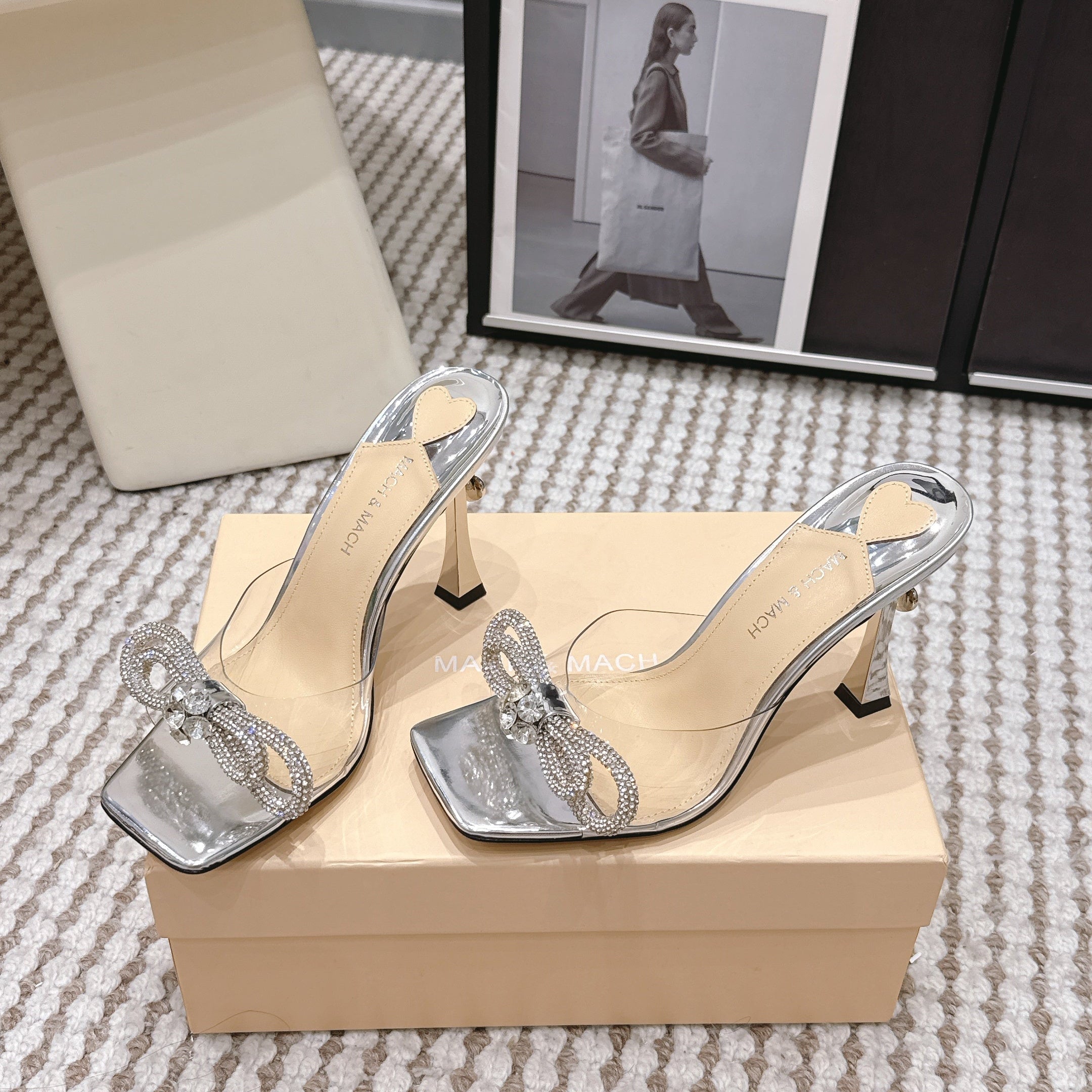 Mach & Mach 26 High Heels Crystal Sandals 95 Silver in Leather 722820