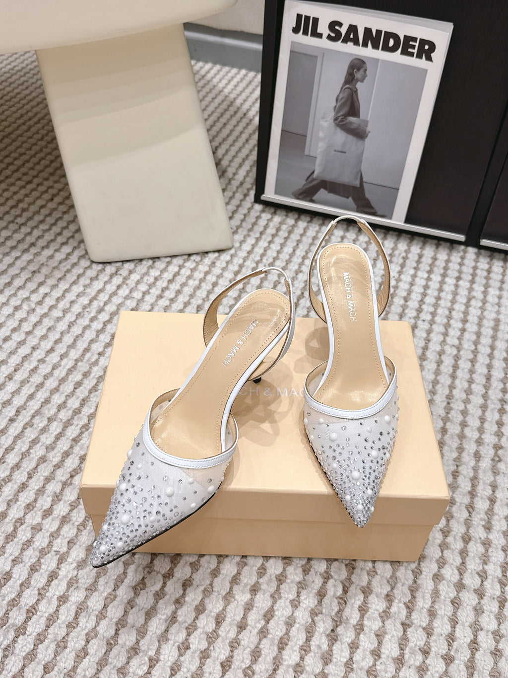 Mach & Mach 26 Pointed Toe High Heels 85 Crystal White in Sheepskin 722818