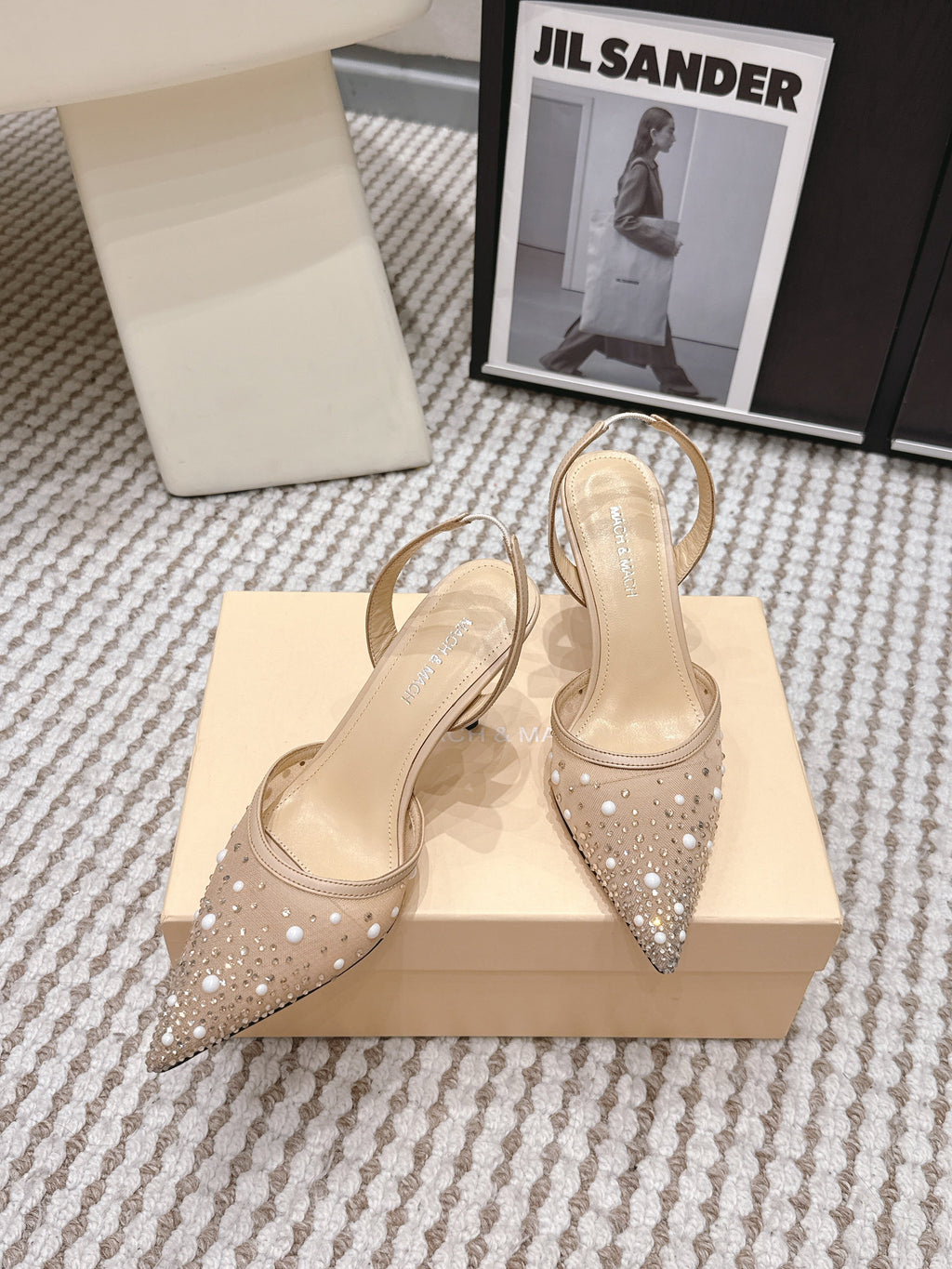 Mach & Mach 26 Pointed Toe High Heels 85 Crystal Nude Beige in Sheepskin 722817