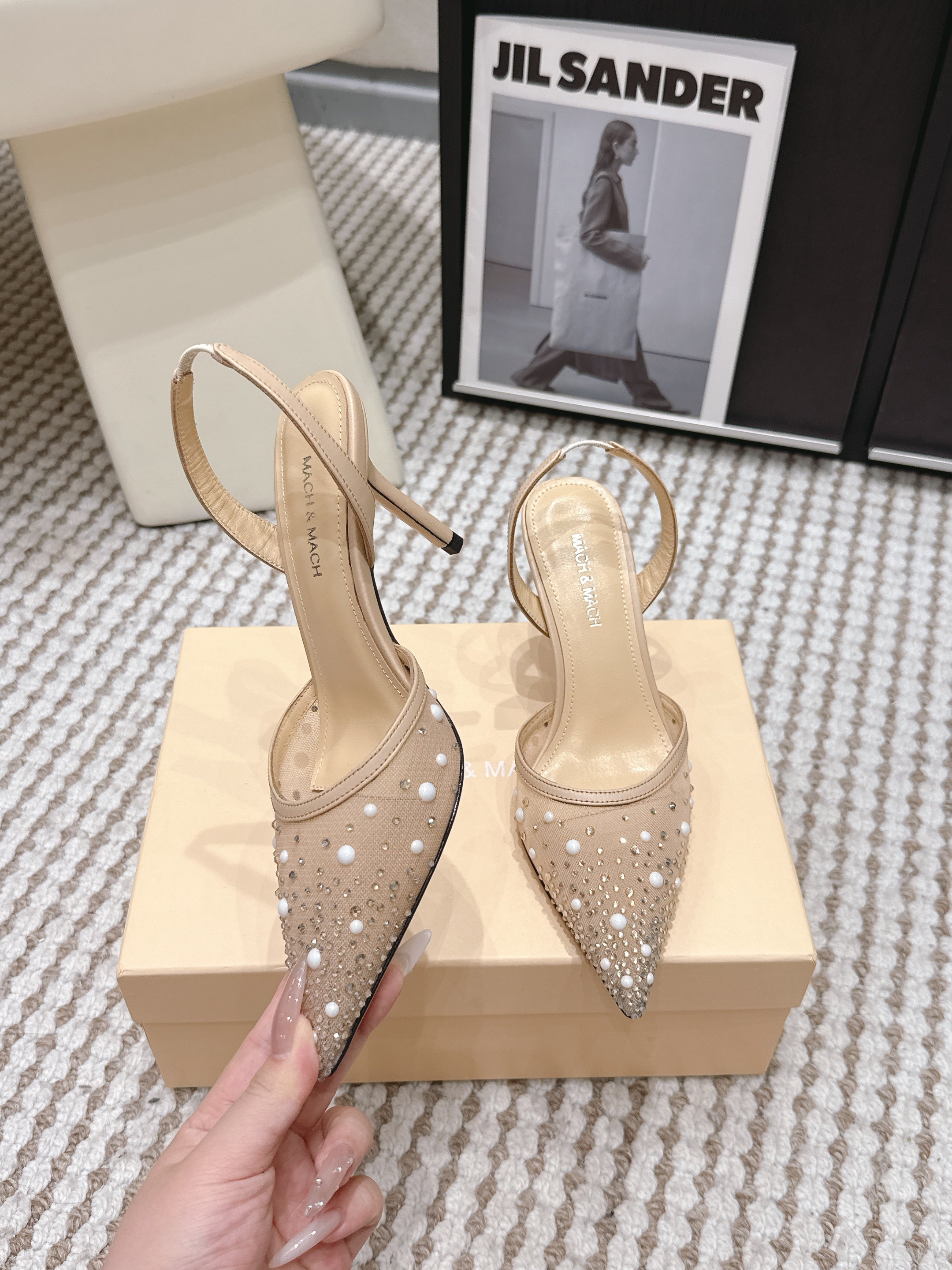 Mach & Mach 26 Pointed Toe High Heels 85 Crystal Nude Beige in Sheepskin 722817