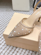 Mach & Mach 26 Pointed Toe High Heels 85 Crystal Nude Beige in Sheepskin 722817