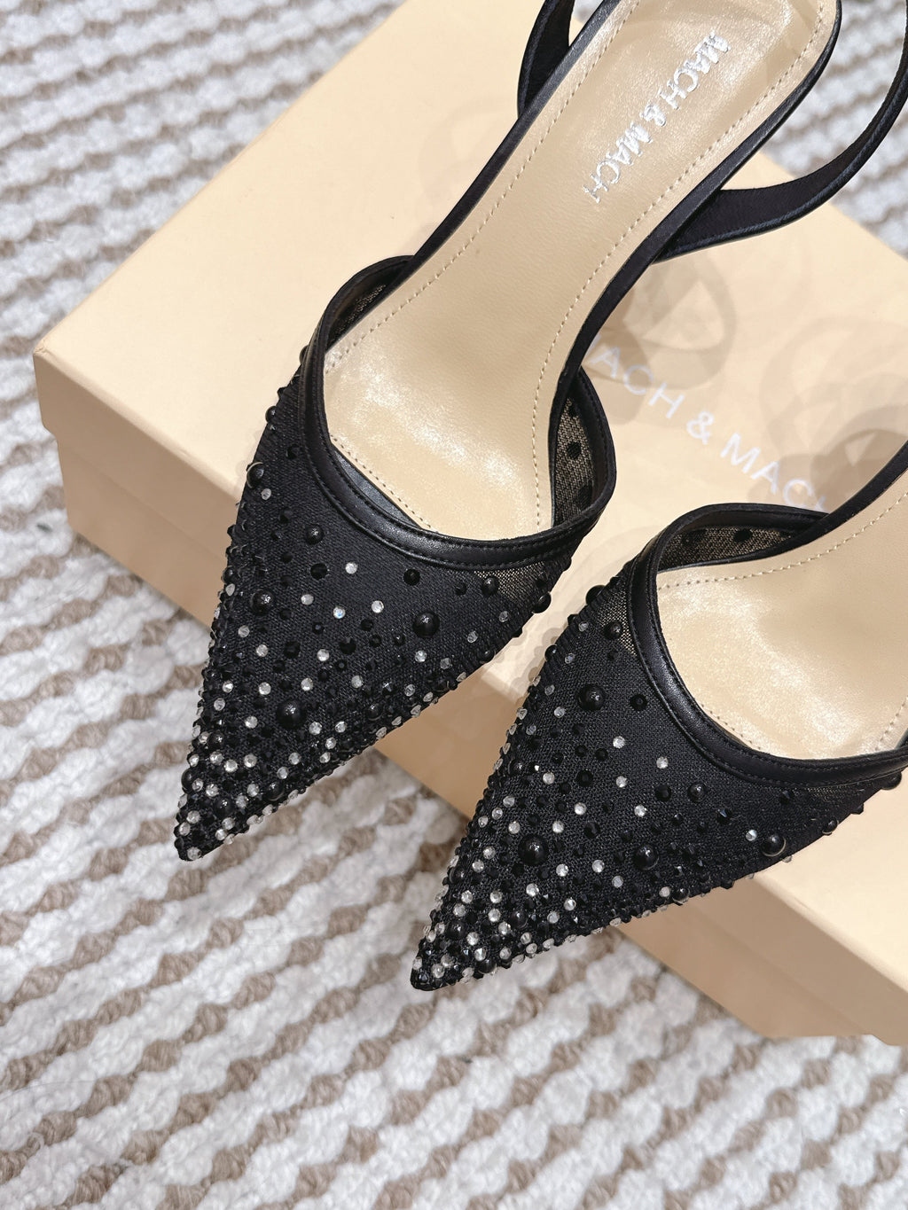 Mach & Mach 26 Pointed Toe High Heels 85 Crystal Black in Sheepskin 722816