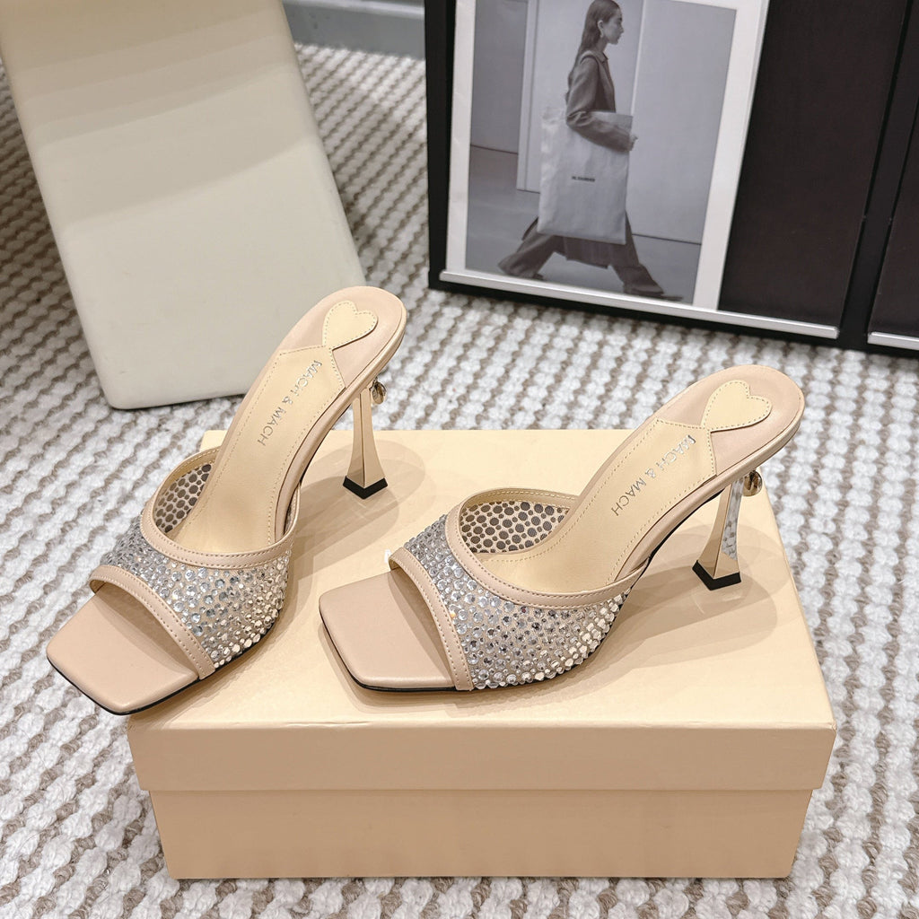 Mach & Mach Embellished Mules 95 Nude Beige in Leather Diamonds 722810