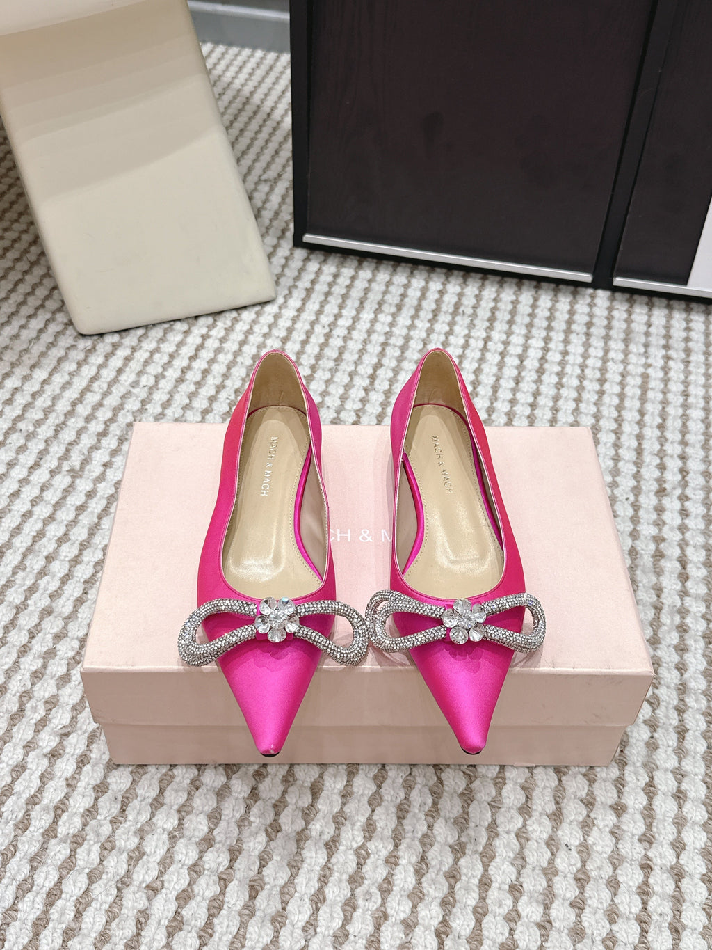 Mach & Mach 26SS Rhinestone Bow Flats Pink in Silk 722451