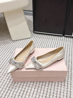 Mach & Mach 26SS Rhinestone Bow Flats Milk White in Silk 722449