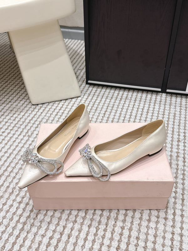 Mach & Mach 26SS Rhinestone Bow Flats Milk White in Silk 722449