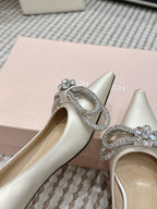 Mach & Mach 26SS Rhinestone Bow Flats Milk White in Silk 722449