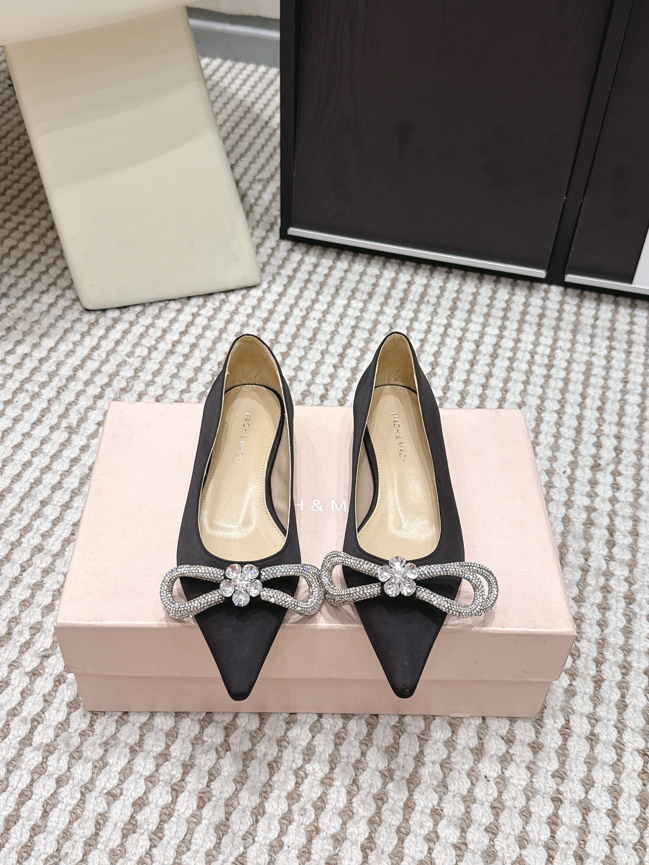 Mach & Mach 26SS Rhinestone Bow Flats Black in Silk 722448