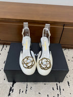 Chanel 26 Round Toe Pearl Heel 50 Shoes White in Cowhide 729341