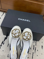 Chanel 26 Round Toe Pearl Heel 50 Shoes White in Cowhide 729341