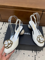 Chanel 26 Round Toe Pearl Heel 50 Shoes White in Cowhide 729341