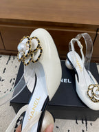 Chanel 26 Round Toe Pearl Heel 50 Shoes White in Cowhide 729341