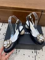 Chanel 26 Round Toe Pearl Heel 50 Shoes Black in Cowhide 729340