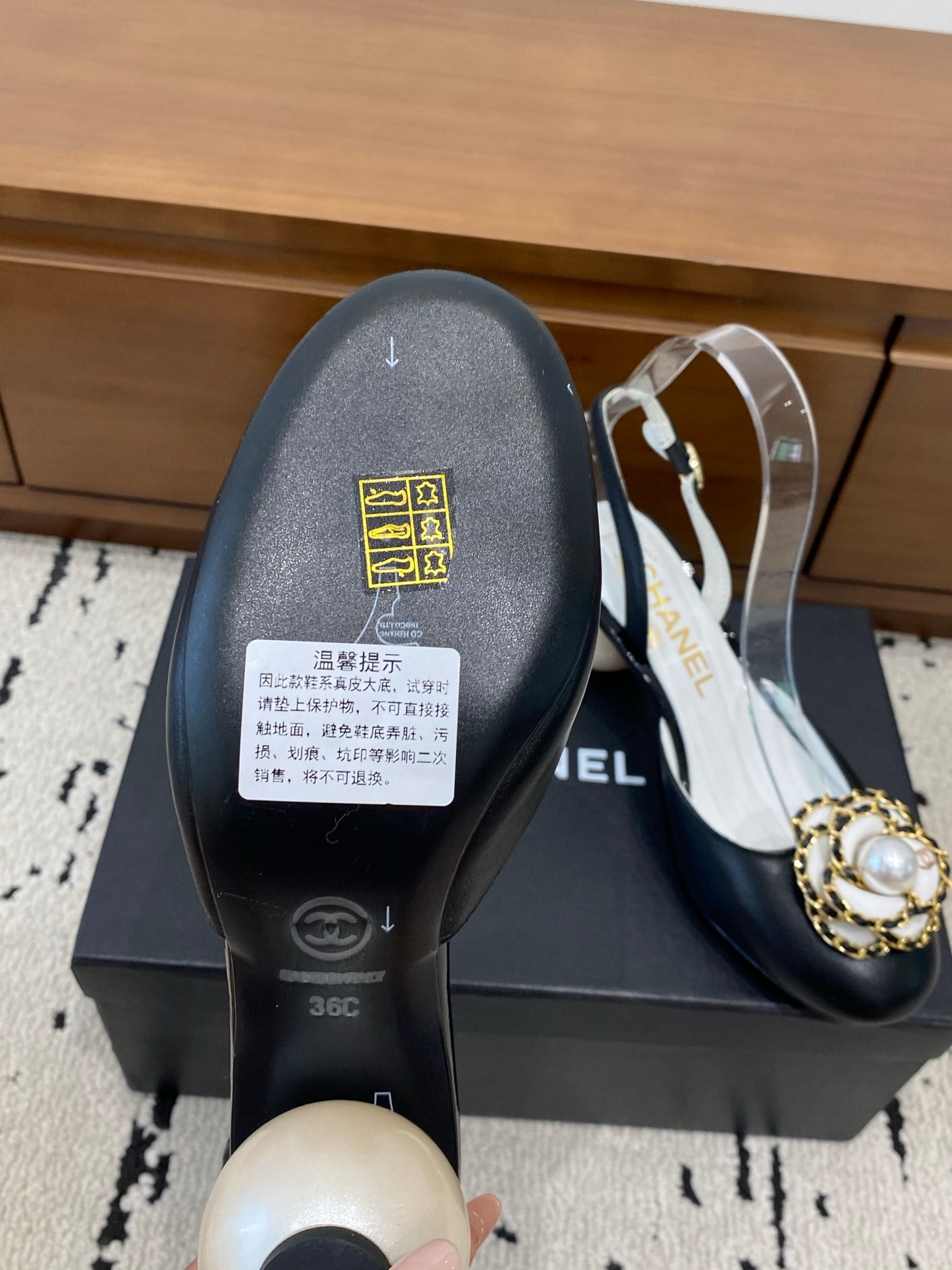 Chanel 26 Round Toe Pearl Heel 50 Shoes Black in Cowhide 729340