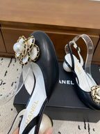 Chanel 26 Round Toe Pearl Heel 50 Shoes Black in Cowhide 729340