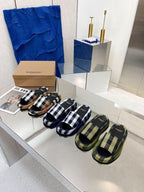 Burberry 26 Check Slippers Light Brown Black in Cotton Linen 729730
