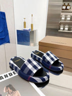 Burberry 26 Check Slippers Navy Blue Black in Cotton Linen 729729