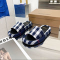 Burberry 26 Check Slippers Navy Blue Black in Cotton Linen 729729
