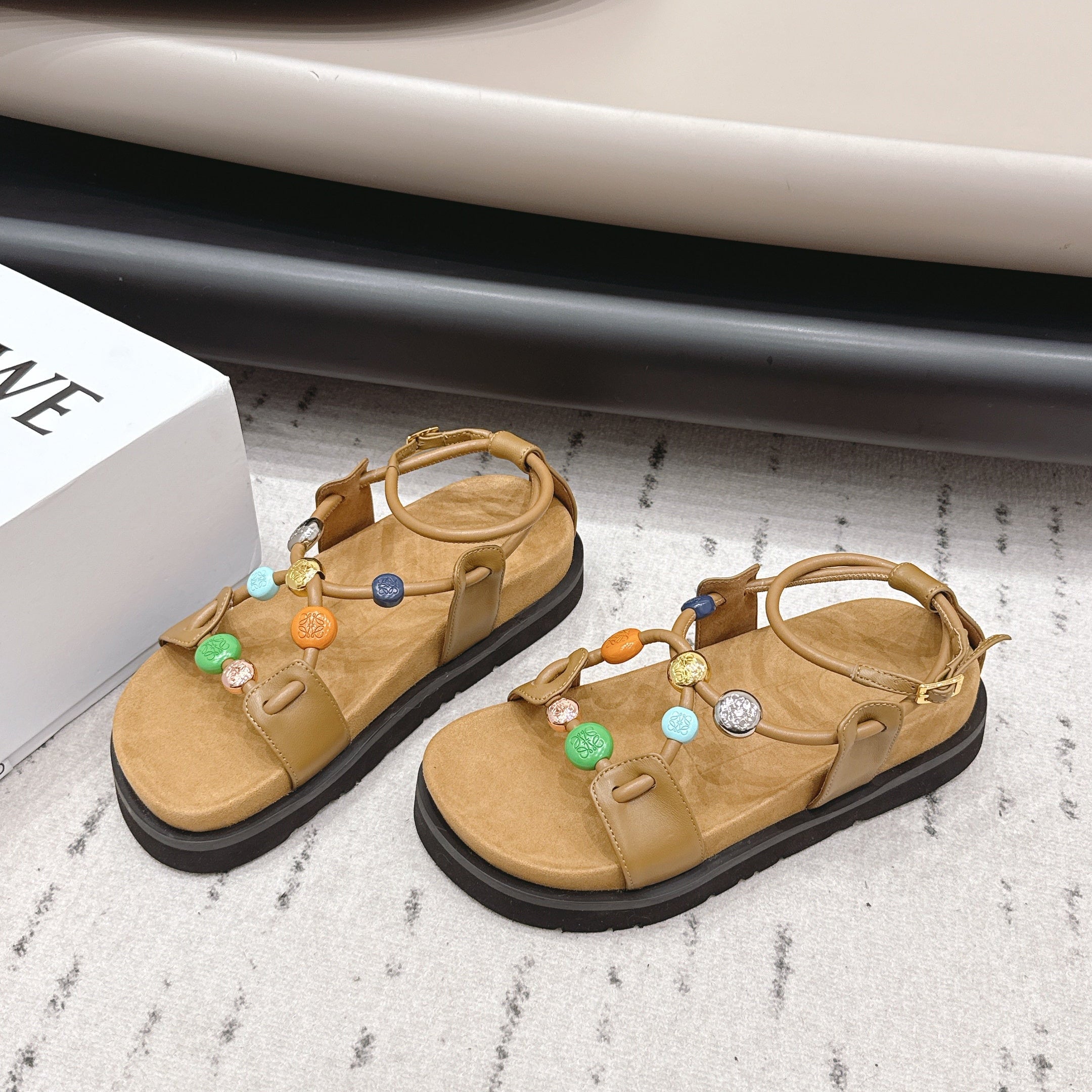 Loewe x Paula's Ibiza Anagram Pebble Bead Sandals Light Brown in Sheepskin 738798