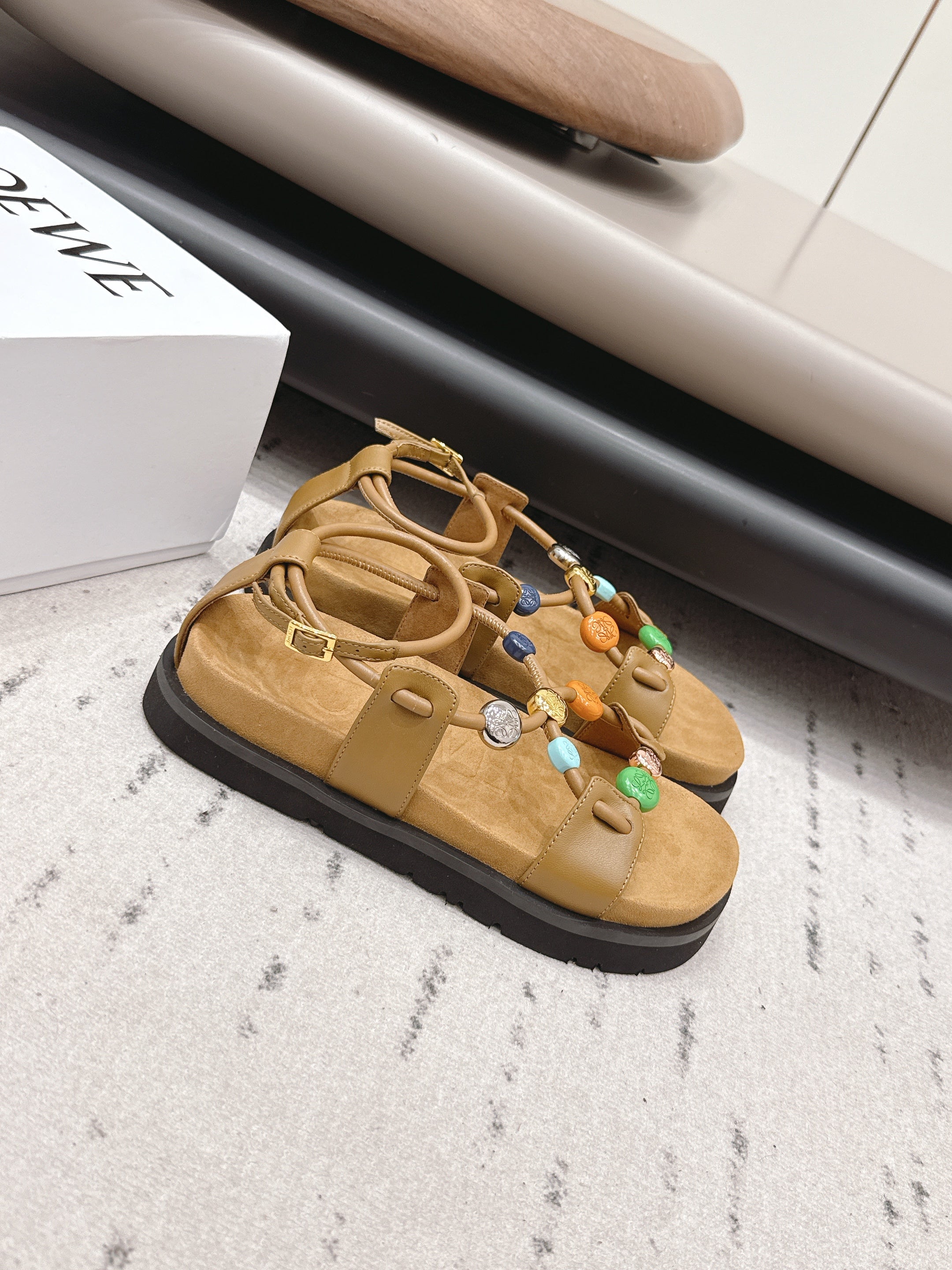Loewe x Paula's Ibiza Anagram Pebble Bead Sandals Light Brown in Sheepskin 738798