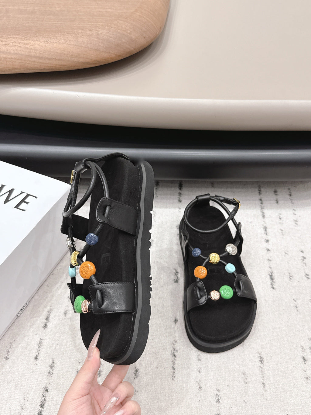 Loewe x Paula's Ibiza Anagram Pebble Bead Sandals Black in Sheepskin 738797