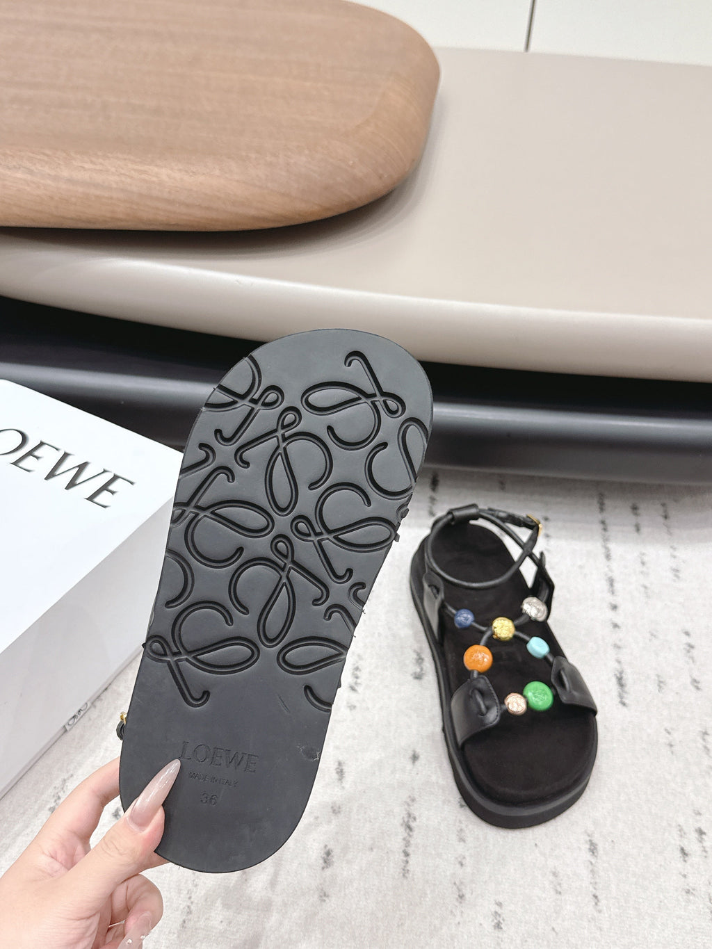 Loewe x Paula's Ibiza Anagram Pebble Bead Sandals Black in Sheepskin 738797