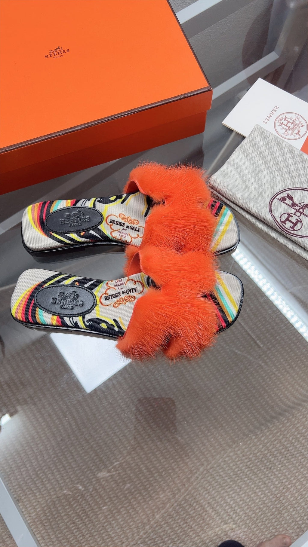 Hermes H-Style Flat Open-Toe Sandals Orange in Mink Fur 739515