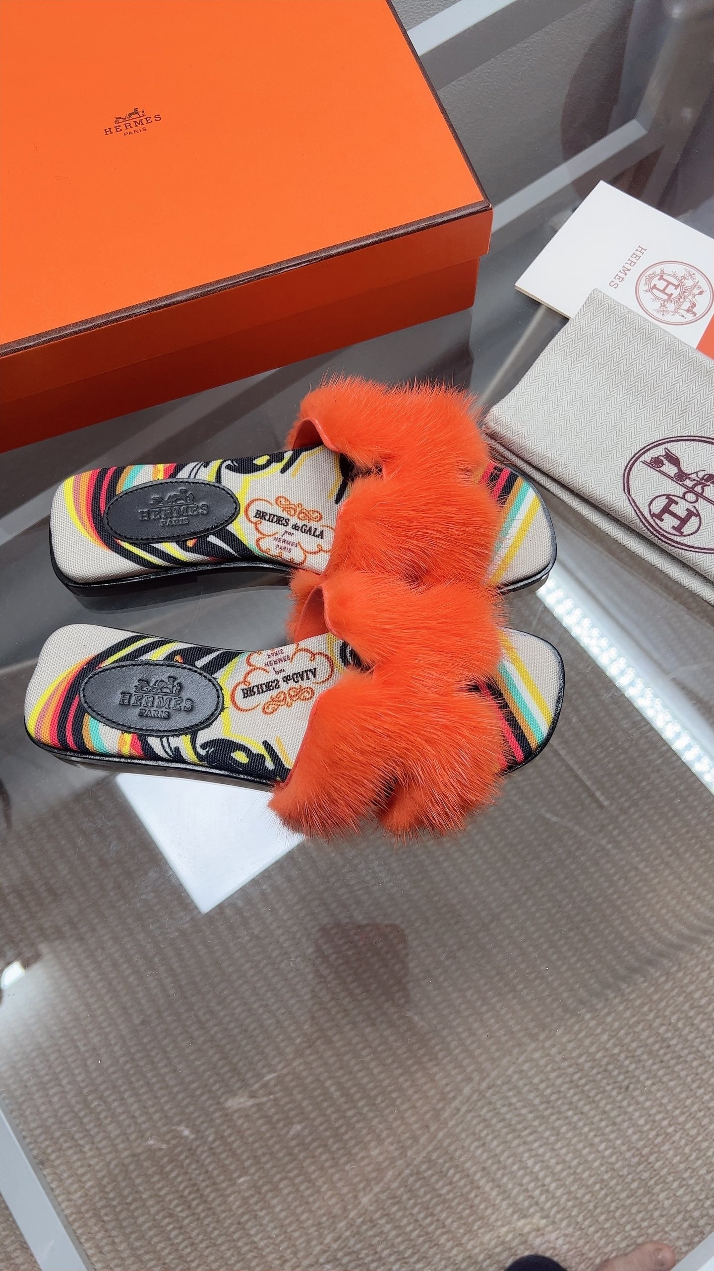 Hermes H-Style Flat Open-Toe Sandals Orange in Mink Fur 739515