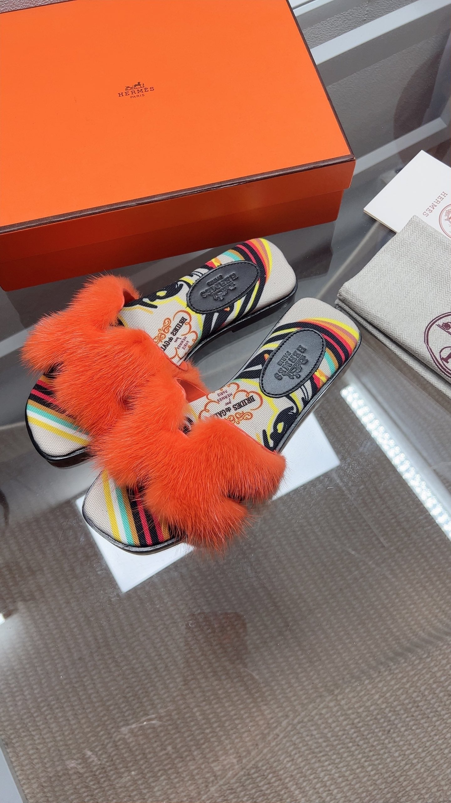 Hermes H-Style Flat Open-Toe Sandals Orange in Mink Fur 739515