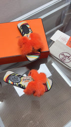 Hermes H-Style Flat Open-Toe Sandals Orange in Mink Fur 739515
