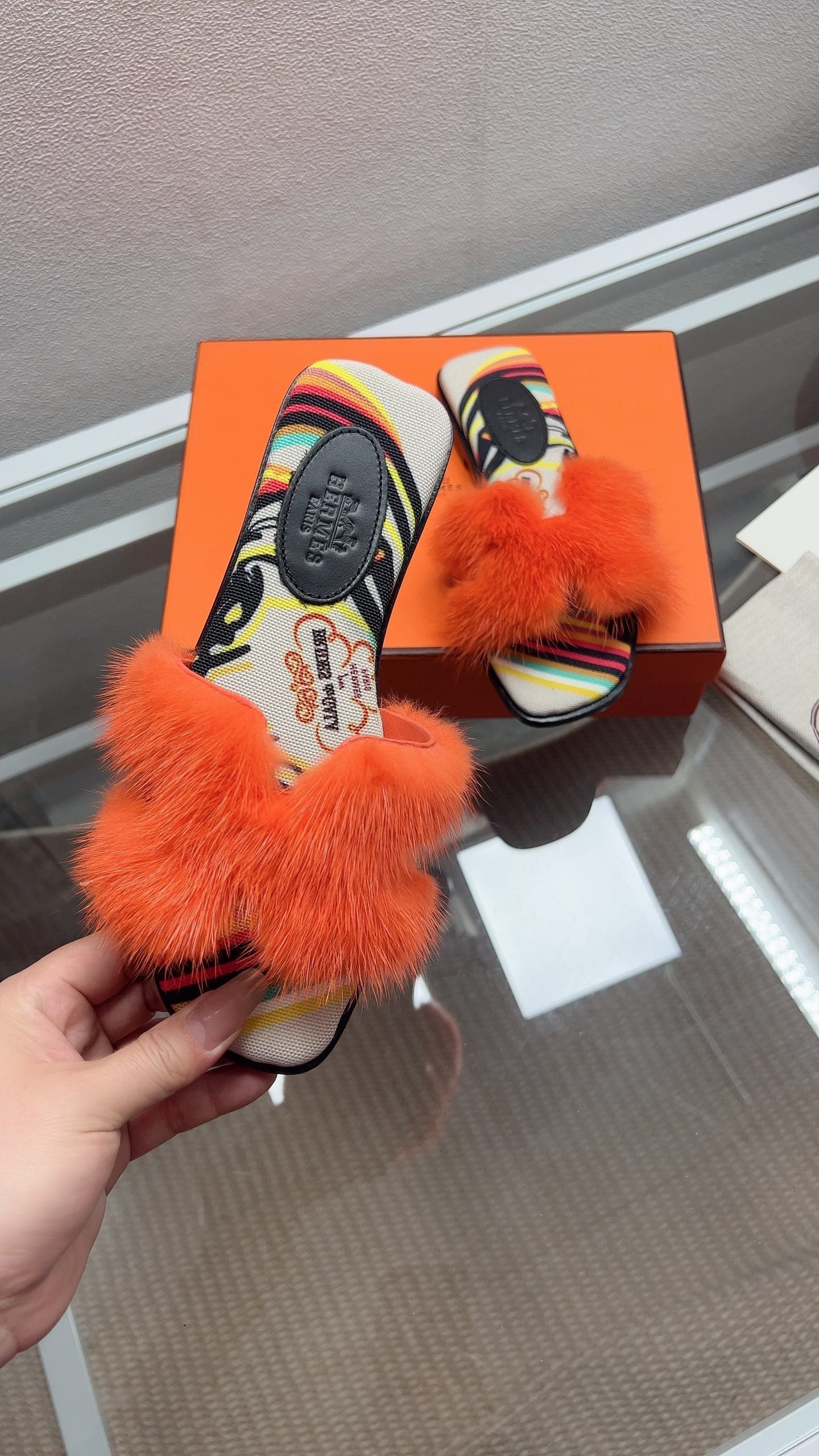 Hermes H-Style Flat Open-Toe Sandals Orange in Mink Fur 739515